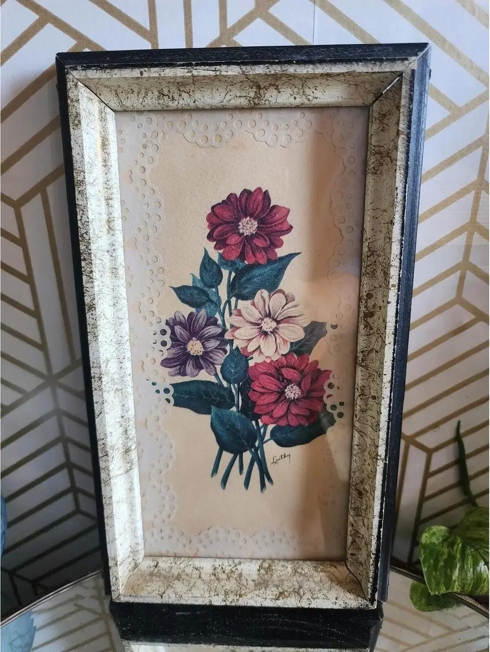 Vintage Framed Lace Matte Luthy Floral Prints 5x9 Set of 3